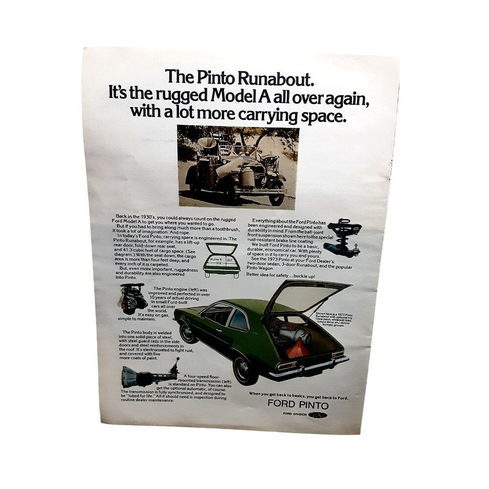 Vintage 1973 Ford Pinto Print Ad Runabout Green Hatchback Car